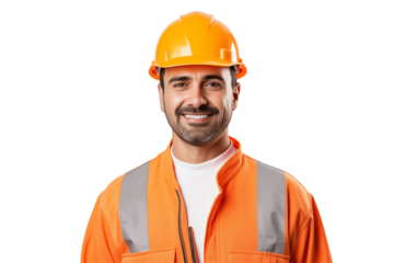 European public works worker smiling on transparent background. Subjects related to public works. Construction profession. Transparent background png cutouts. Job offer. European country. America.