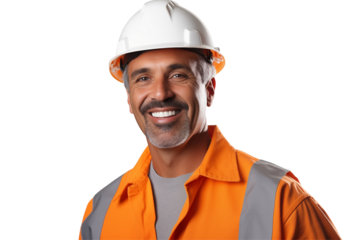 European public works worker smiling on transparent background. Subjects related to public works. Construction profession. Transparent background png cutouts. Job offer. European country. America.