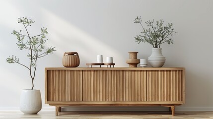 Wooden cabinet and accessories decor in living room interior on empty white wall background