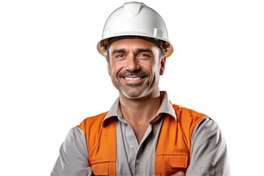 European public works worker smiling on transparent background. Subjects related to public works. Construction profession. Transparent background png cutouts. Job offer. European country. America.