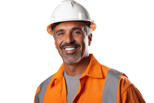 European public works worker smiling on transparent background. Subjects related to public works. Construction profession. Transparent background png cutouts. Job offer. European country. America.