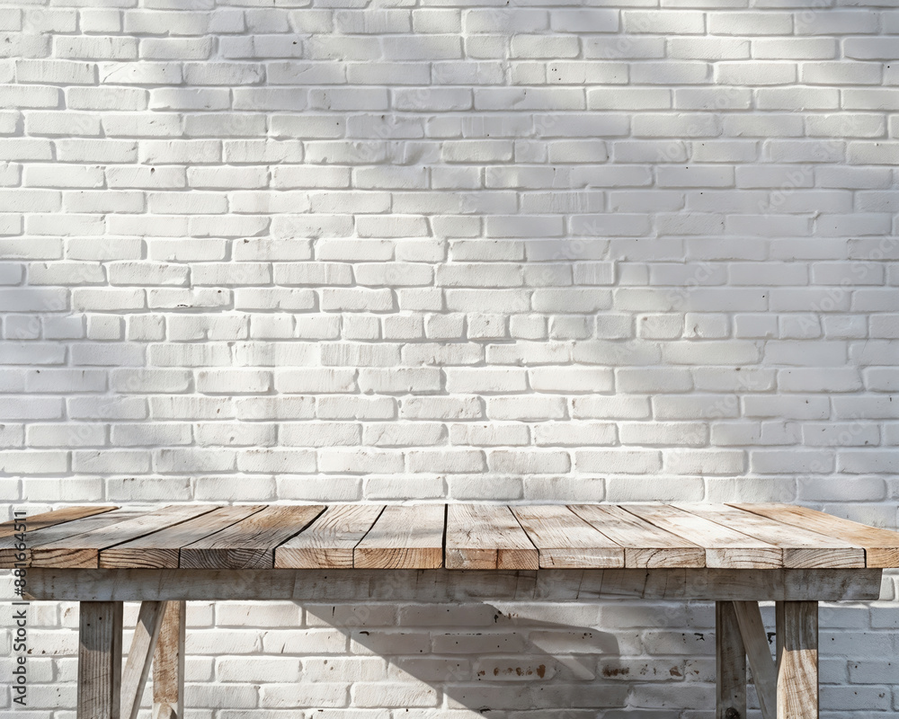 Poster empty rustic wooden tabletop in front of white brick wall background