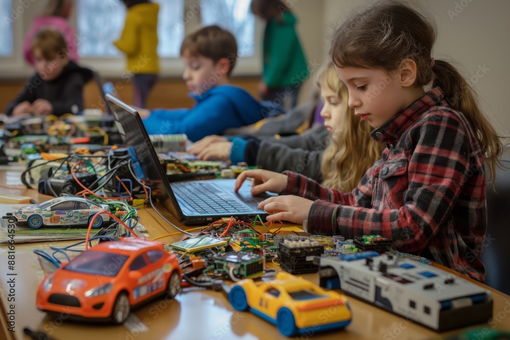 Aufkleber Students actively participating in a workshop focused on robotics and coding, aimed to enhance their skills in STEM education through teamwork and handson programming with laptops and robotic cars