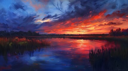 Surreal Twilight Landscape with Vibrant Sky Reflecting in Serene Lake or Pond