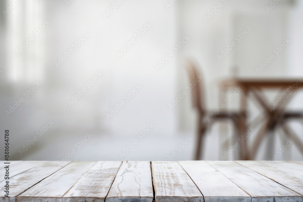 Poster Empty white wooden table top with blurred background of dining room, ideal for product placement
