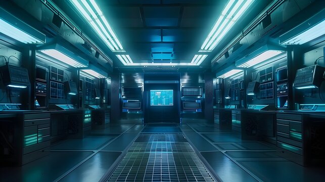 Futuristic Subterranean Bunker with Brushed Steel Walls and Holographic Interfaces - Powered by Adobe