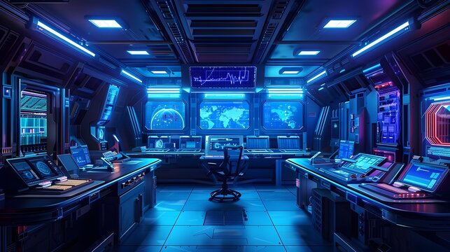 Mysterious Futuristic Subterranean Control Room with Holographic Displays and Brushed Steel Accents - Powered by Adobe