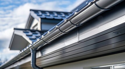 Gray zinc gutter on the facade of the house white PVC downpipes and soffit paneling