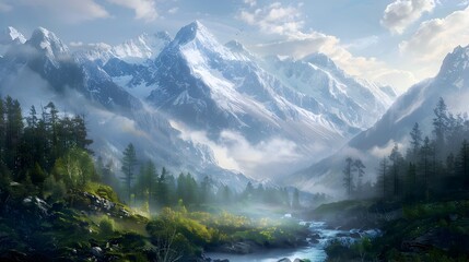 Captivating Snowy Mountain Landscape with Peaceful Streams and Lush Forests