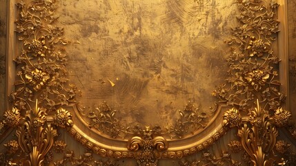 Lavish golden wall with ornate decorative motifs rich and regal abstract setting with lustrous metallic sheen and grandiose ambiance