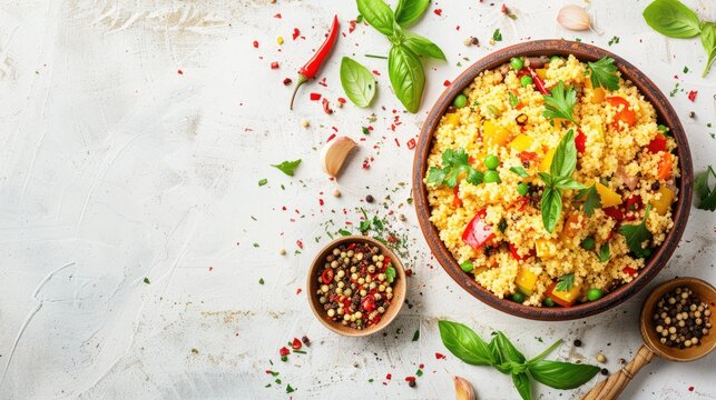Delicious couscous with veggies on white table top view with space for text