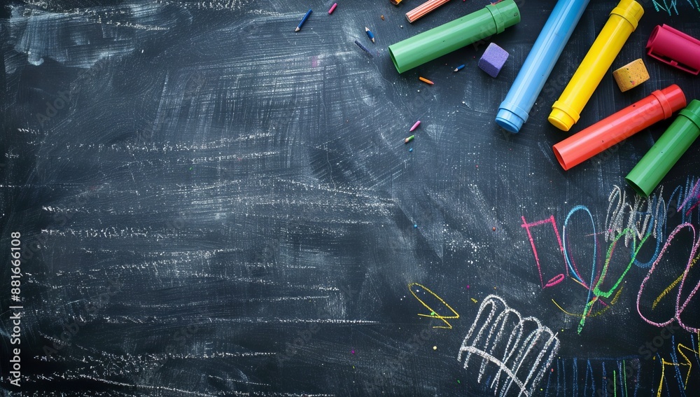 Poster colorful chalks and whimsical sketches on a chalkboard create a fun atmosphere, boosting creativity 