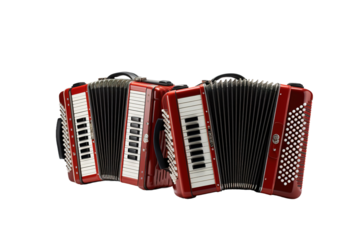 Harmonious Melodies: A Duet of Scarlet Accordions on White or PNG Transparent Background.