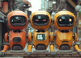 Fototapeta premium Three orange robots standing on brick wall.