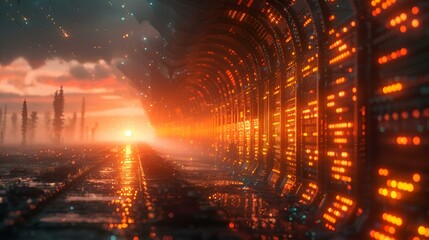 A tunnel with a futuristic design, lit up by vibrant orange lights.