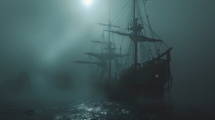 A large sailing ship, with its masts silhouetted against a moonlit sky, traverses a dense fog-covered ocean