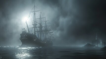 A large sailing ship navigates through a thick fog at night. The ship's silhouette is barely visible against the dark sky. The moonlight shines brightly on the water