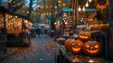 Fototapeta premium A row of lit Jack O' Lanterns with carved faces sit on a wooden table in a festive outdoor market