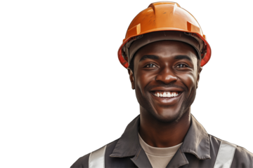African public works worker smiling on transparent background. Subjects related to public works. Construction profession. Transparent background png cutouts. Job offer. Afro american man. Africa.