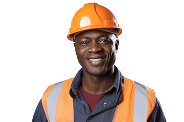 African public works worker smiling on transparent background. Subjects related to public works. Construction profession. Transparent background png cutouts. Job offer. Afro american man. Africa.
