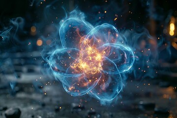 Obraz premium Blue flower engulfed in flames and smoke.