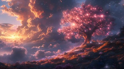 Naklejka premium a painting of a tree on a hill under a cloudy sky.