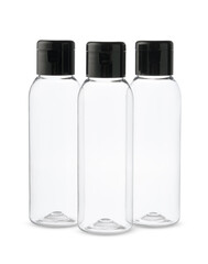 Three Clear Plastic Bottles With Black Caps on a White Background