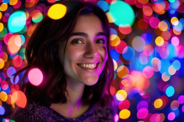 Joyful Expressions, Smiling woman with vibrant bokeh lights, Festive Portrait.