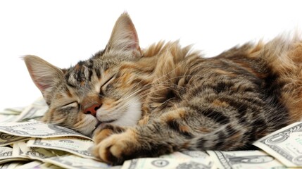 A cat sleeping on a pile of banknotes, realistic background, symbolizing financial comfort, isolated on a white background with ample copy space