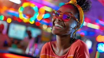 Joyful Night Out, Smiling woman with colorful neon lights, Vibrant Atmosphere.