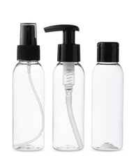 Three Clear Plastic Bottles With Different Dispensers on White Background