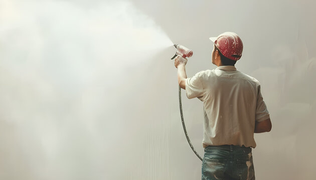 Decorator painting wall with spray indoors, space for text