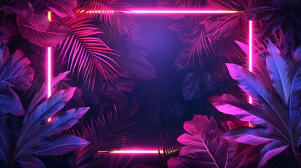 A futuristic illustration of a neon frame with botanical patterns that glow and pulse with light, creating a dynamic and eye-catching effect. The neon effect gives the frame a high-tech and modern