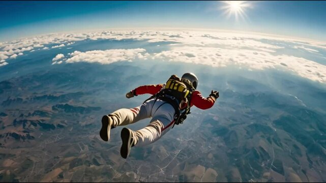 A skydiver soars through the sky in a photo. The sun's rays highlight their sleek body as the wind whips through their hair and the parachute billows behind them.