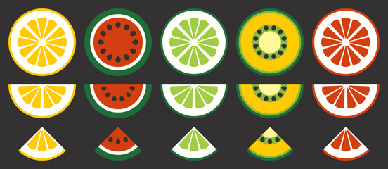 Geometric set of cut fresh summer fruits. A minimalistic illustration of fruits on a black background