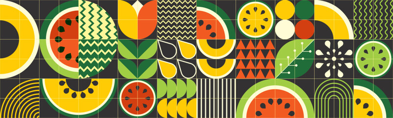 Geometric summer poster with fresh watermelons and melons cut into pieces. Scandinavian style. A minimalistic illustration of fruits on a black background