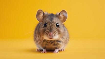 A cute mouse sitting on a pastel yellow background with space above for text