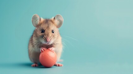 A cute mouse with a toy sitting on a pastel blue background with space above for text