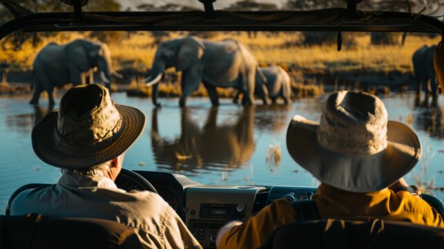 Couple on a safari vehicle watching a herd of elephants at a watering hole, illustrating wildlife encounters in their natural habitat.