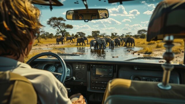 Fototapeta Man on a safari vehicle watching a herd of elephants at a watering hole, illustrating wildlife encounters in their natural habitat.