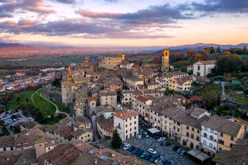 Fototapeta premium Anghiari village drone aerial view at sunset in Tuscany