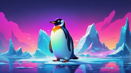 Fototapeta premium Single penguin stands on patch of ice in arctic landscape, surrounded by tall, jagged ice formations. Mix of pink and purple. Synthwave