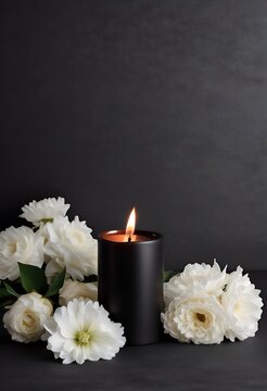 white flowers and burning black candle on black background for obituary notice, funeral announcement, necrology, vertical