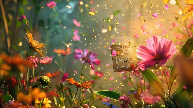 Floral blooms emerging from a debit card, detailed background, symbolizing financial prosperity, set against a vibrant garden backdrop