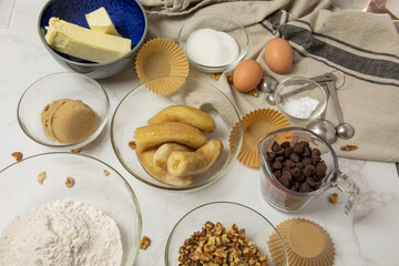 All ingredients for Banana Chocolate Chip Muffins