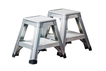 Silver Symphony: Pair of Step Stools on White or PNG Transparent Background.