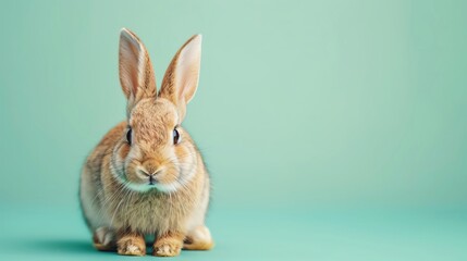 Obraz premium A cute rabbit sitting on a pastel green background with space above for text