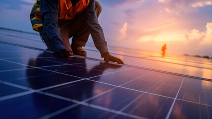 Worker Inspecting Solar Panels at Sunset