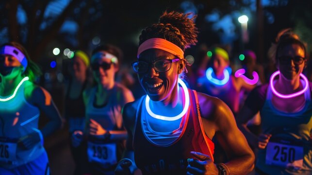 Midnight run event, with participants wearing headlamps and glow sticks, turning a fitness activity into a festive social gathering.
