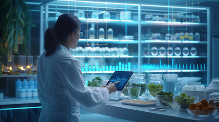 A rendering of a nutritionist's office where a worker is using a tablet to analyze a client's genetic data, with holographic charts and graphs displaying personalized dietary recommendations